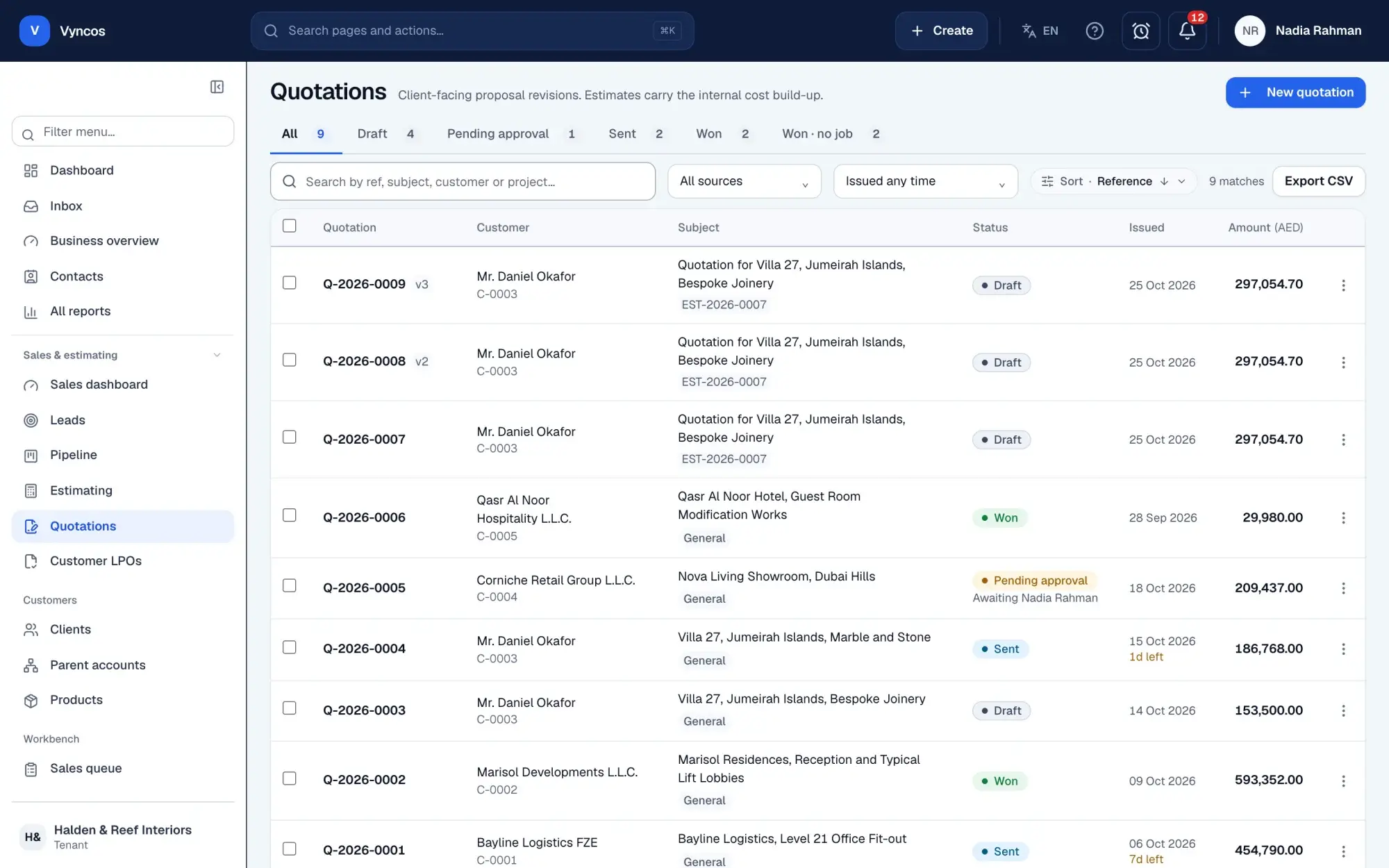 Vyncos quotations list with draft, sent, won and pending-approval quotations in AED for invented fit-out clients, demo data