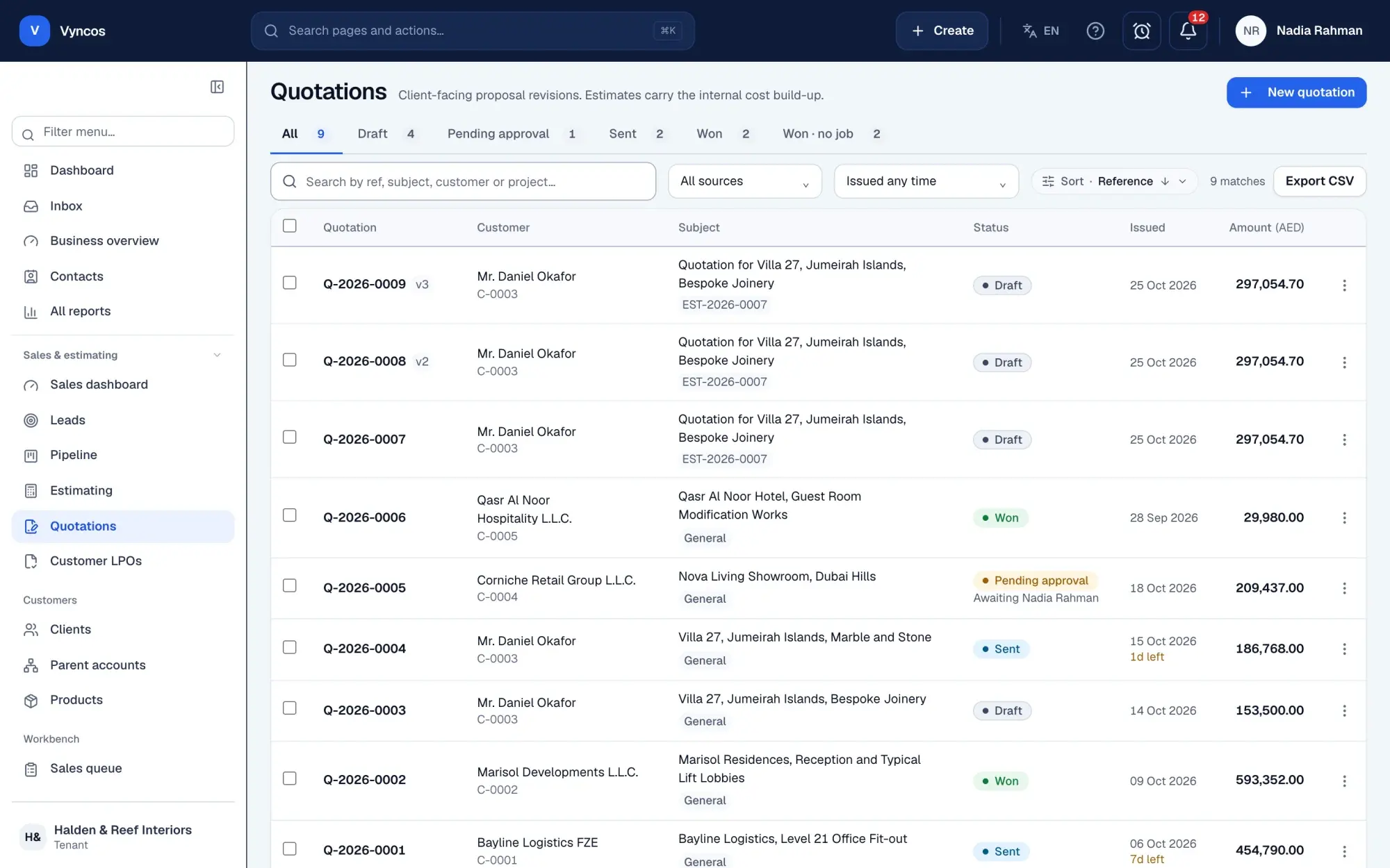 Vyncos quotations list with draft, sent, won and pending-approval quotations in AED for invented fit-out clients, demo data