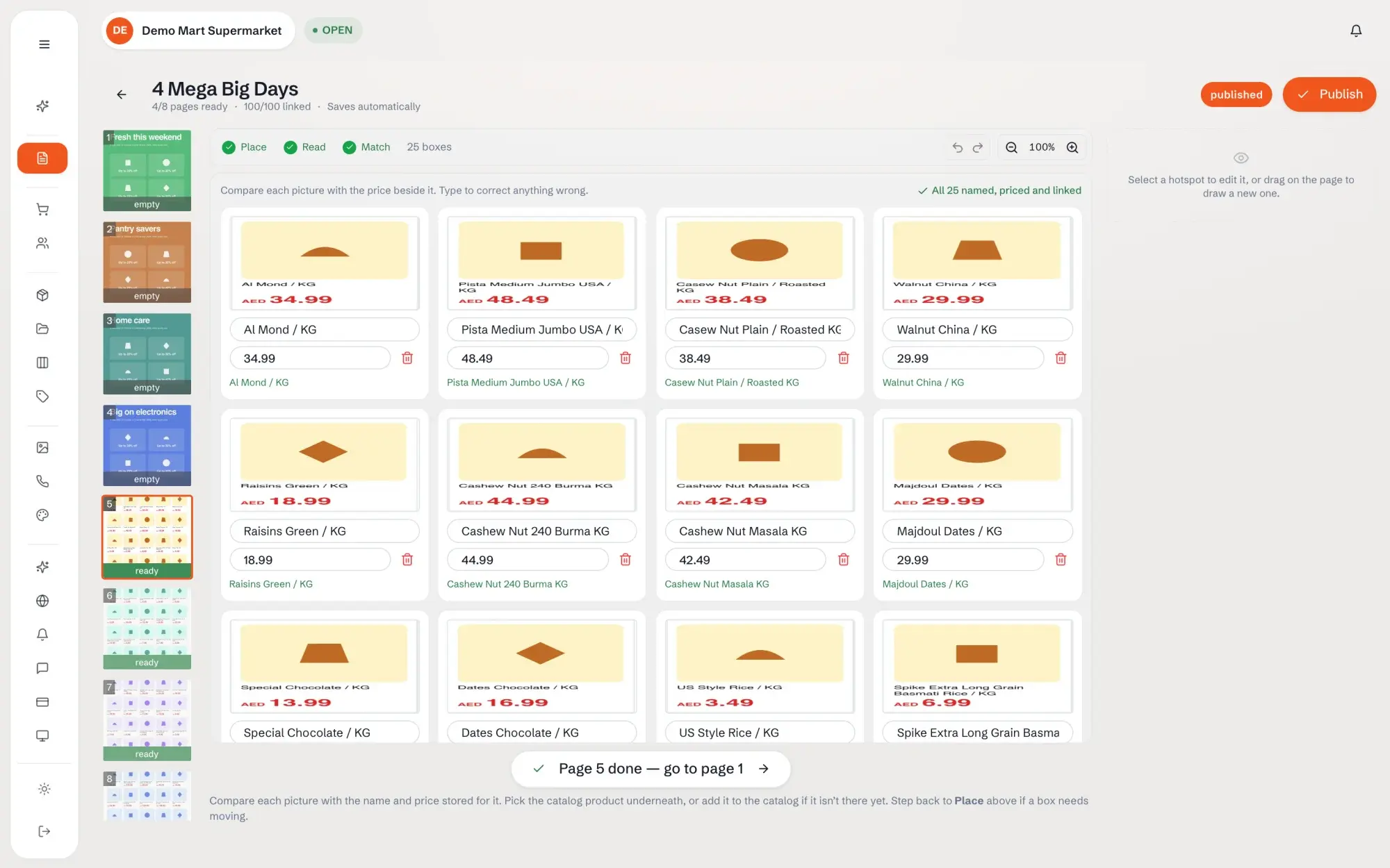 ZapKart flyer editor matching every tile on a supermarket flyer page to a named, priced product, demo data