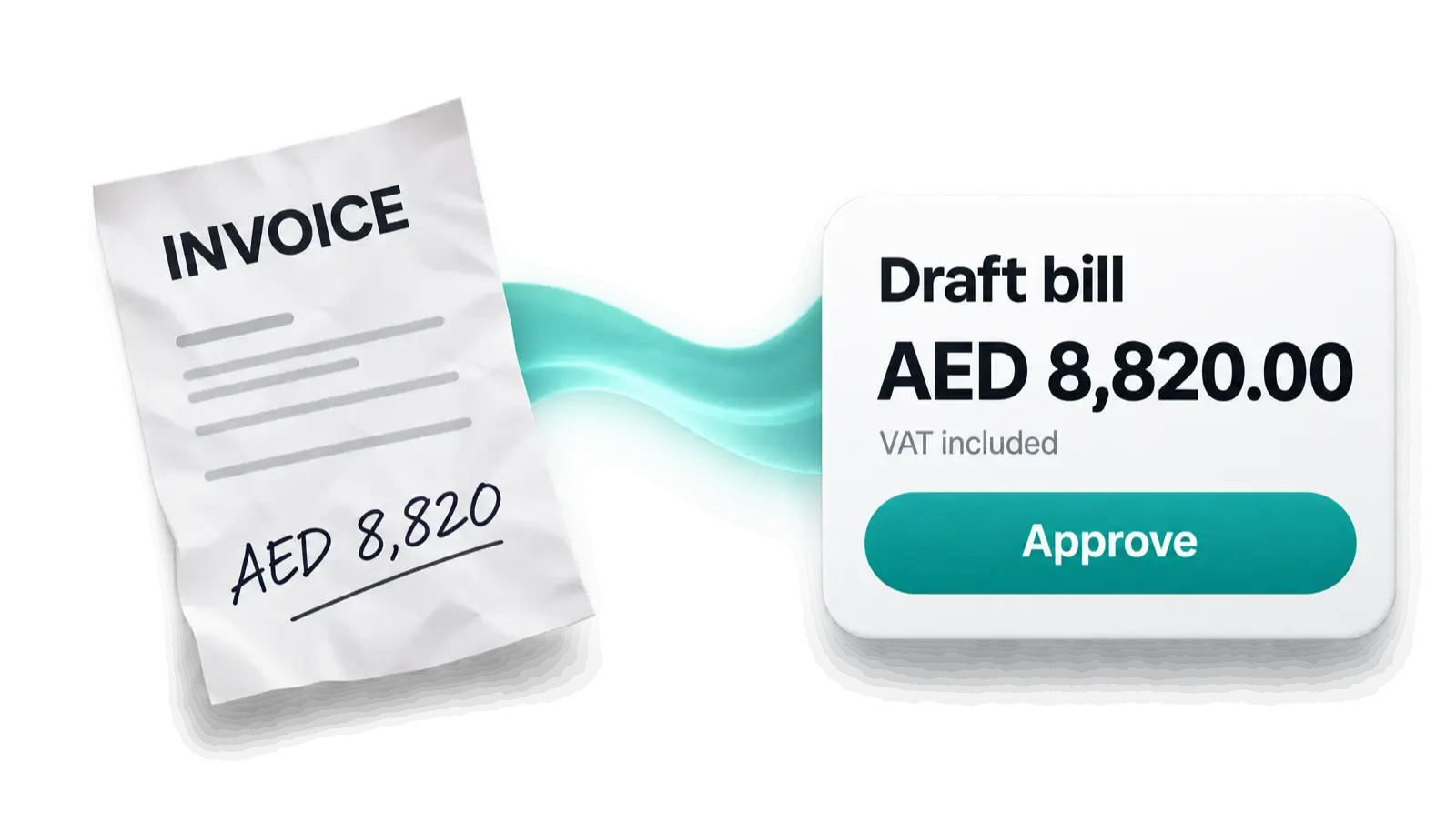 A crumpled paper invoice for AED 8,820 turned by AI into a clean draft bill with an Approve button