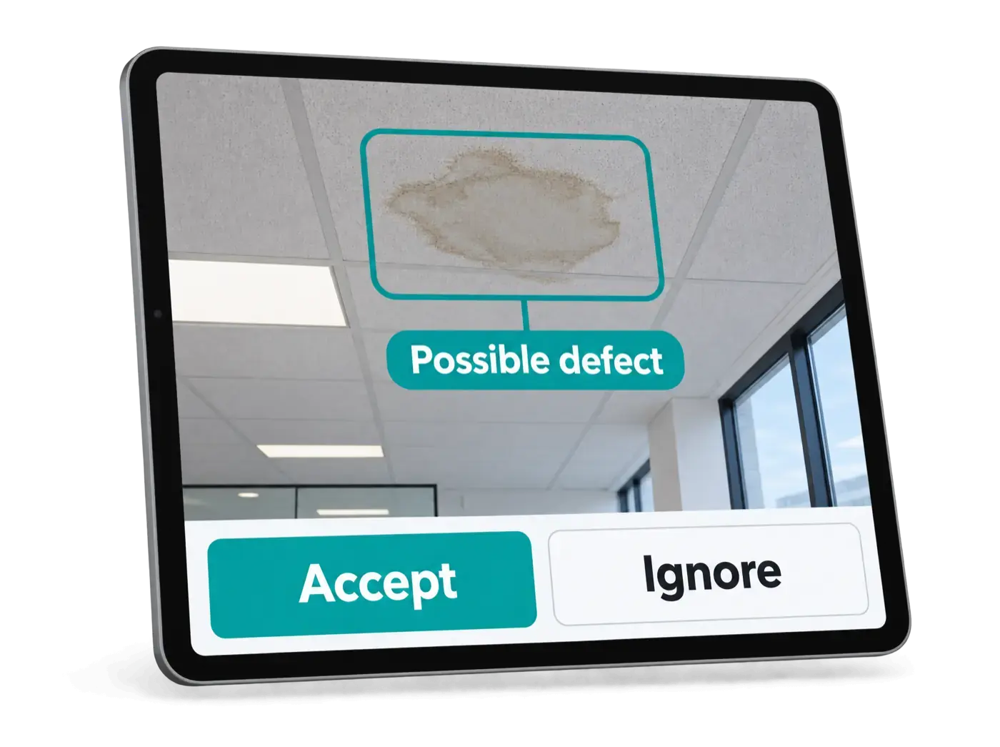 A tablet showing a ceiling photo with a water stain marked as a possible defect, with Accept and Ignore buttons