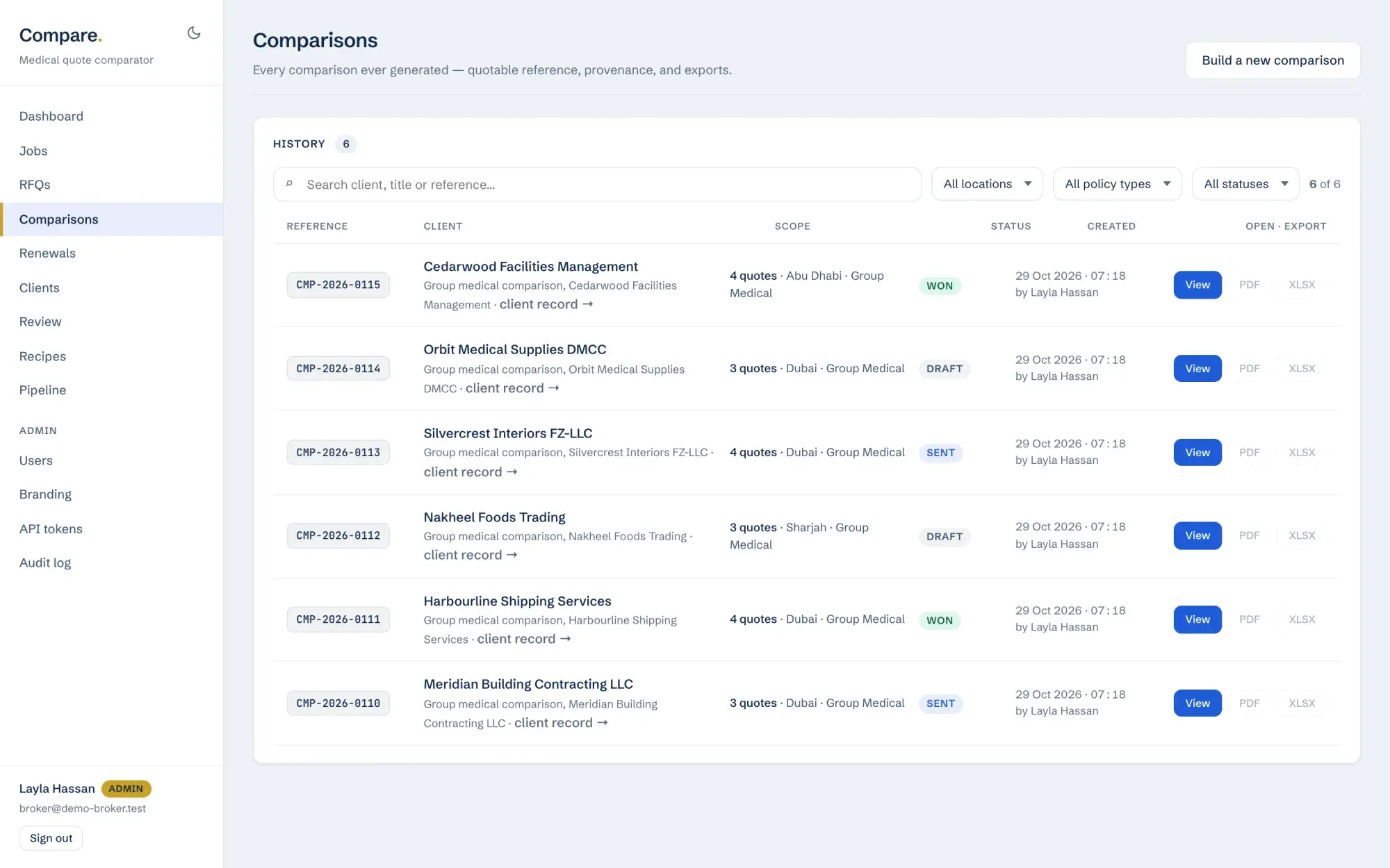 Compare list of group medical quote comparisons by client with draft, sent and won status, demo data
